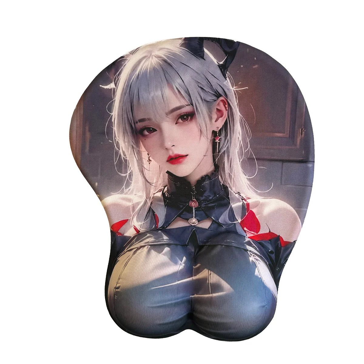 Image de Tapis de souris Anime – Fille anime aux cheveux gris avec un haut bleu